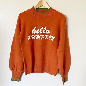 Women’s Hello Pumpkin Mock Neck‎ Balloon Sleeve Sweater Orange Green Small NWT